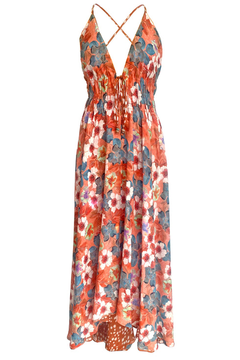 Maxi abito reversibile in georgette di seta Caroline "UV Floral II".