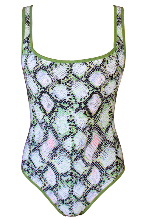 Gigi Reversible Square Neck Maillot "Olive Python/Solid Black"