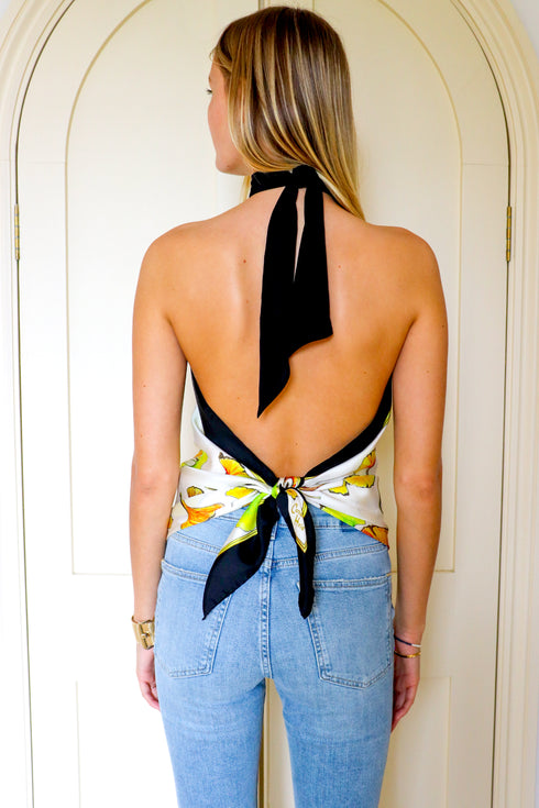 Raquel "Feuilles de Ginkgo" Top en Soie à Col Halter