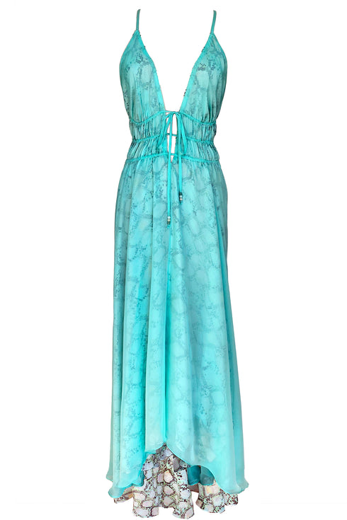 Caroline "Crystal Python" Robe Maxi Réversible en Mousseline de Soie
