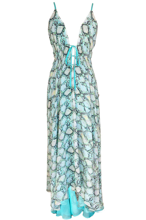 Caroline "Crystal Python" Robe Maxi Réversible en Mousseline de Soie