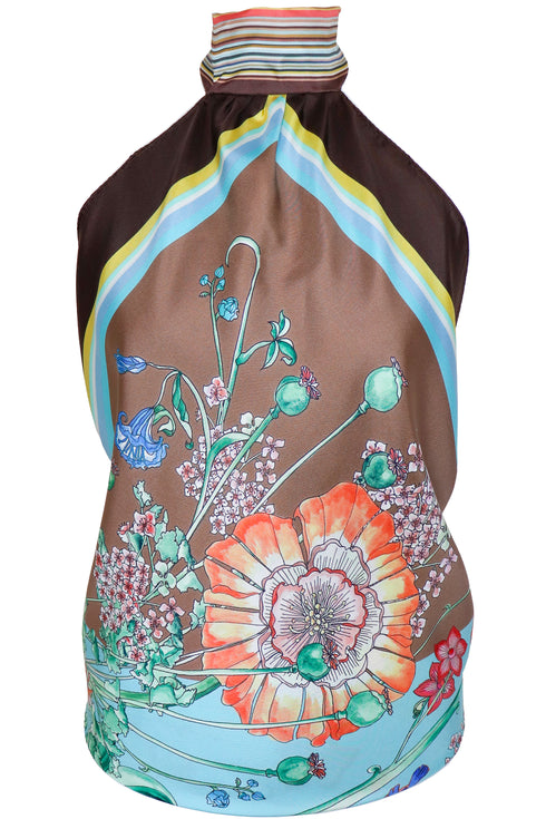 Raquel "Opium Floral III" Haut à dos nu en soie réversible