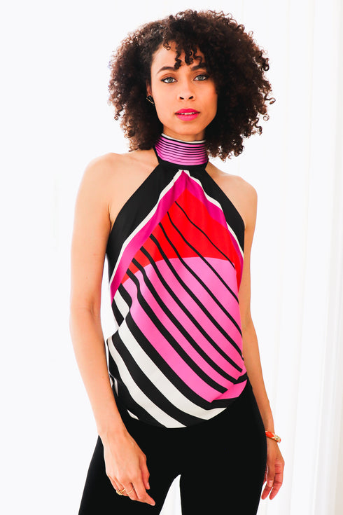 Raquel "Parallel Lines III" Reversible Silk Scarf Halter Top