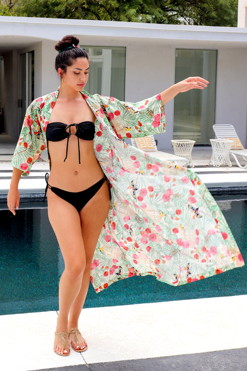 Alexandra Kimono lungo in voile di cotone/seta "Desert Birds".