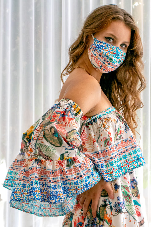 "Flora and Fauna/Tile" Reversible Cotton/Silk Voile Face Mask