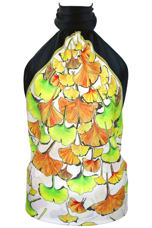 Raquel "Feuilles de Ginkgo" Top en Soie à Col Halter