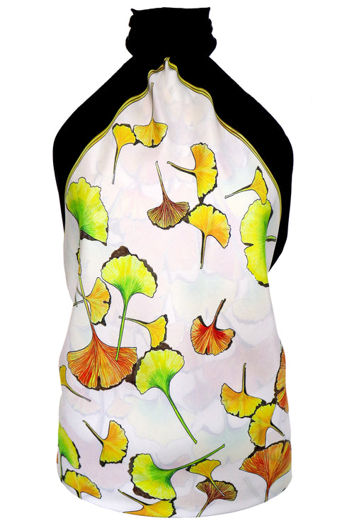 Raquel "Feuilles de Ginkgo" Top en Soie à Col Halter